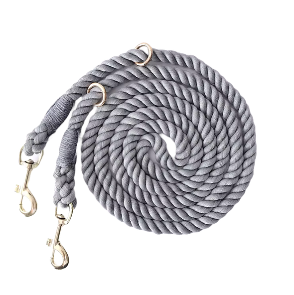 Gray Heavy-duty braided rope dog leash with adjustable metal rings and two heavy-duty clips